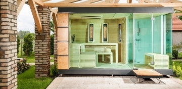 Outdoor wellness sauna house with bath
