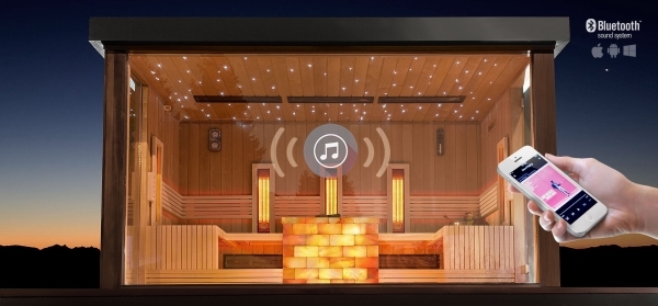 Outdoor wellness sauna house with bluetooth sound system