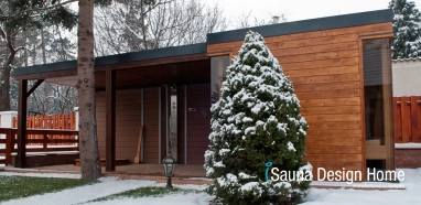 Outdoor sauna house with canopy
