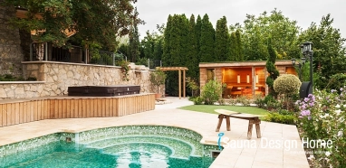 Wellness garden with combined sauna house
