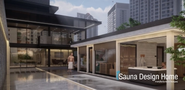Outdoor premium sauna house in a private penthouse with panoramic view