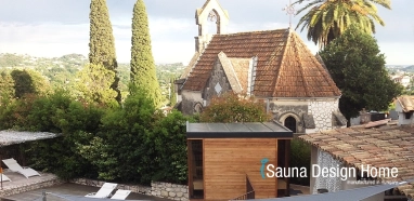 Modern sauna house in mediterranean garden