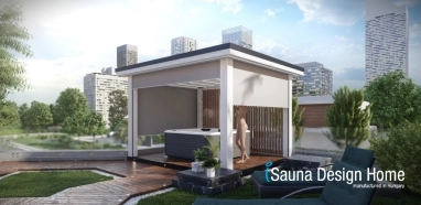 Outdoor pergola with zipSCREEN shade in white with a Villeroy &amp; Boch jacuzzi