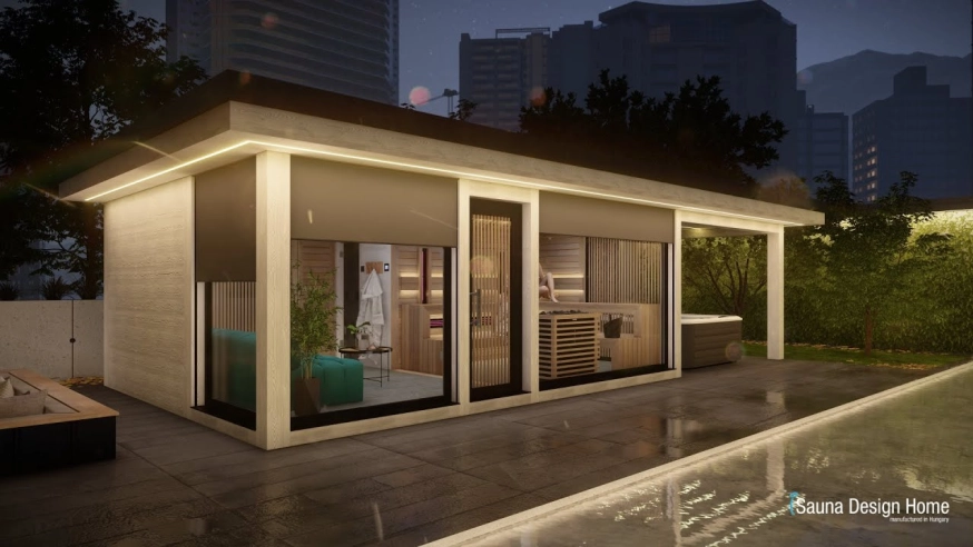 Outdoor premium sauna house in a private penthouse with panoramic view