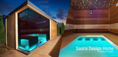 Outdoor Finnish sauna house with light therapy