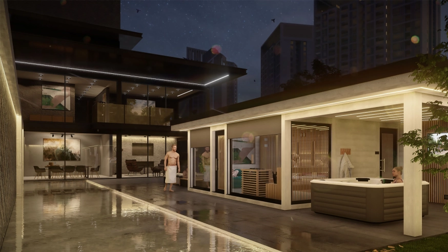 Outdoor premium sauna house in a private penthouse with panoramic view