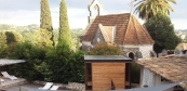 Modern sauna house in mediterranean garden