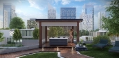 Pergola in natural colour with unique solid wood design wall