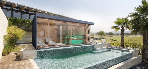 Luxury sauna house with panorama glasses