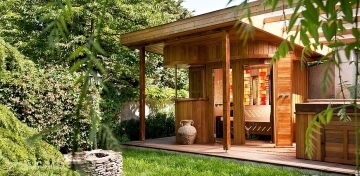 Outdoor premium sauna with bar counter