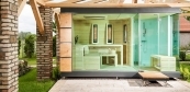 Outdoor wellness sauna house with bath